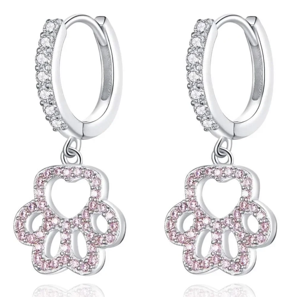 925 Sterling Silver with Pink Sapphire and Diamond Paw Print Huggie Earrings
